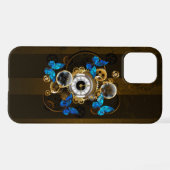 Coque iPhone 12 Pro Engrenages à vapeur et papillons bleus (Verso Horizontal)