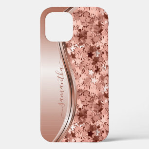 Coque iPhone 12 Pro Étoiles de Confettis Rose Gold Nom Manuscrit Métal