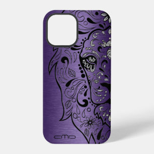 Coque iPhone 12 Pro Étui Lion Sucre Crâne Texture Métal Violet Foncé-