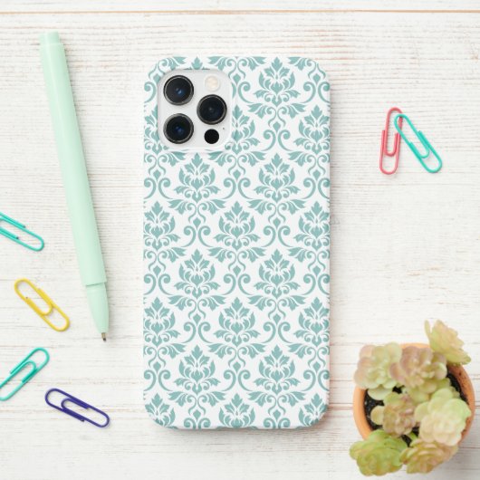 Coque iPhone 12 Pro Feuille Damask Motif Turquoise (Sur le bureau)