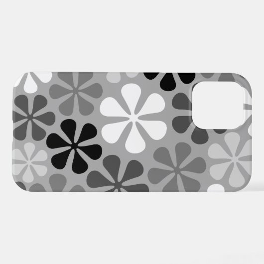 Coque iPhone 12 Pro Fleurs Abstraites Gris noir blanc (Verso Horizontal)