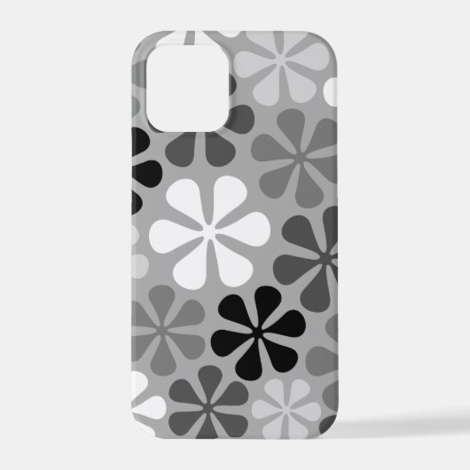Coque iPhone 12 Pro Fleurs Abstraites Gris noir blanc (Verso)