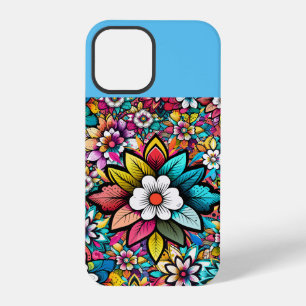 Coque iPhone 12 Pro Fleurs Retro Colorées Bleu Rose Blanc