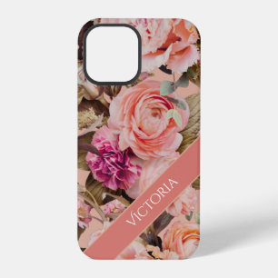 Coque iPhone 12 Pro Fleurs roses personnalisées nom rustique