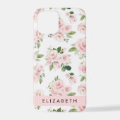 Coque iPhone 12 Pro Fleurs roses, Roses, Fleurs Aquarelles, Votre Nom (Verso)