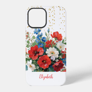 Coque iPhone 12 Pro Floral Red Blue Gold Parties scintillant Fleurs sa