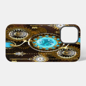 Coque iPhone 12 Pro Fond rouillé Steampunk avec verres turquoise (Verso Horizontal)