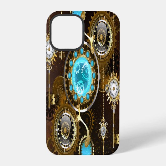Coque iPhone 12 Pro Fond rouillé Steampunk avec verres turquoise (Verso)