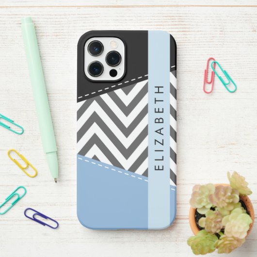 Coque iPhone 12 Pro Grey Zigzag, Grey Chevron, Bleu, Votre Nom (Sur le bureau)