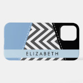 Coque iPhone 12 Pro Grey Zigzag, Grey Chevron, Bleu, Votre Nom (Verso Horizontal)