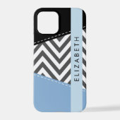 Coque iPhone 12 Pro Grey Zigzag, Grey Chevron, Bleu, Votre Nom (Verso)
