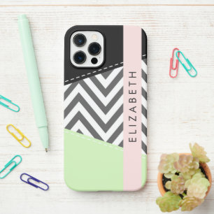 Coque iPhone 12 Pro Grey Zigzag, Grey Chevron, Mint, Votre Nom
