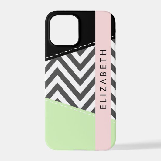 Coque iPhone 12 Pro Grey Zigzag, Grey Chevron, Mint, Votre Nom (Verso)