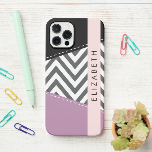 Coque iPhone 12 Pro Grey Zigzag, Grey Chevron, Purple, Votre Nom (Sur le bureau)