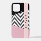 Coque iPhone 12 Pro Grey Zigzag, Grey Chevron, Rose, Votre Nom (Verso)