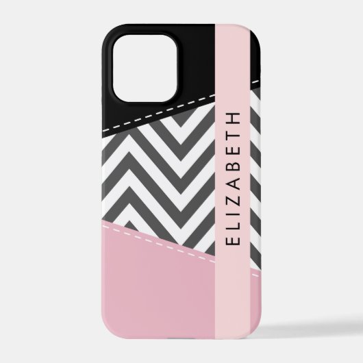 Coque iPhone 12 Pro Grey Zigzag, Grey Chevron, Rose, Votre Nom (Verso)