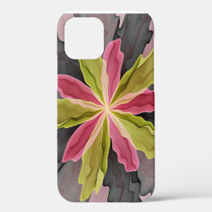 Coque iPhone 12 Pro Joie, Fantaisie Fleur Fractale Rose Vert Anthracit