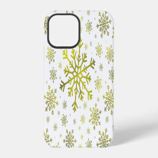 Coque iPhone 12 Pro Jolis flocons de neige en or de Noël sur fond blan