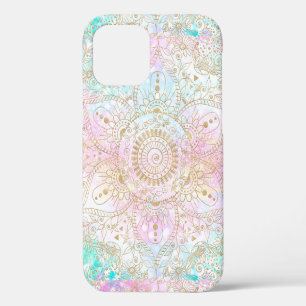 Coque iPhone 12 Pro Mandala doré élégant et motif paillettes holograph
