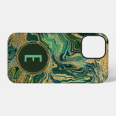 Coque iPhone 12 Pro Marbre Doré Vert Paillettes Monogramme (Verso Horizontal)