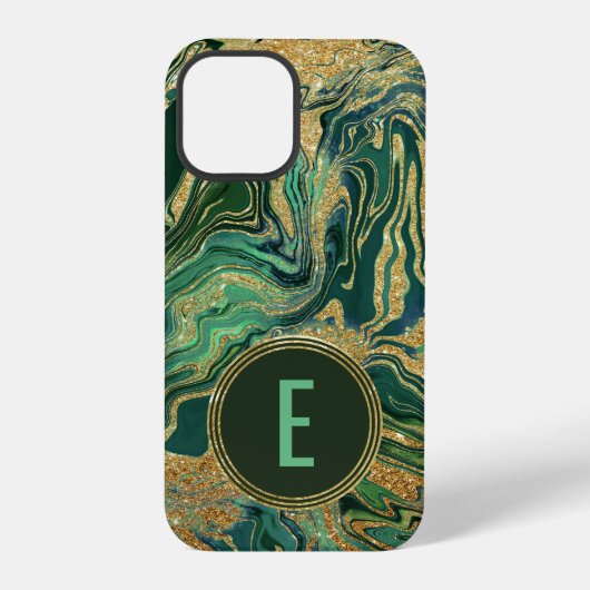 Coque iPhone 12 Pro Marbre Doré Vert Paillettes Monogramme (Verso)
