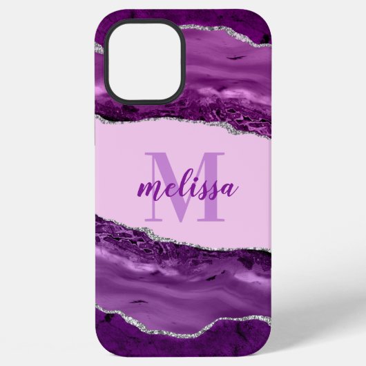 Coque iPhone 12 Pro Max Agate Violette avec Monogramme Pailleté Argent (Verso)