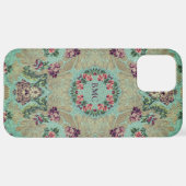 Coque iPhone 12 Pro Max Aqua Purple Rose Floral Faux Lampas Brocade (Retour horizontal)