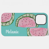 Coque iPhone 12 Pro Max Aquarelle Pastèque Rose Turquoise Monogrammé (Verso Horizontal)