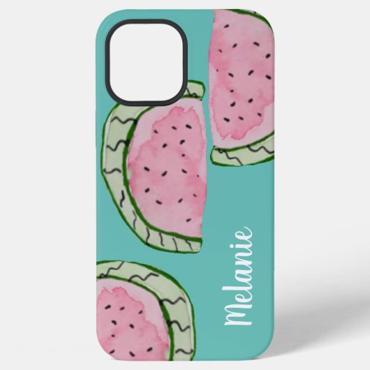Coque iPhone 12 Pro Max Aquarelle Pastèque Rose Turquoise Monogrammé (Verso)