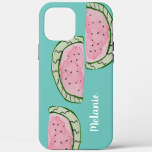 Coque iPhone 12 Pro Max Aquarelle Pastèque Rose Turquoise Monogrammé   