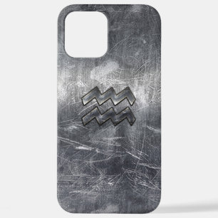 Coque iPhone 12 Pro Max Aquarius Zodiac style acier argenté déprimé