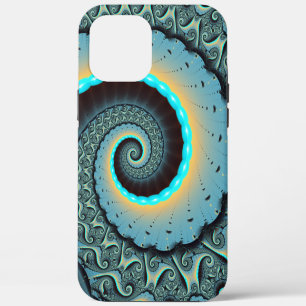 Coque iPhone 12 Pro Max Art fractal abstrait bleu turquoise orange Spirale