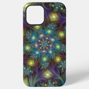 Coque iPhone 12 Pro Max Art fractal abstrait illuminé sarcelle violet