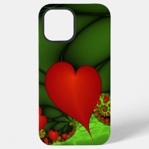Coque iPhone 12 Pro Max Art fractal abstrait moderne vert citron cœurs rou