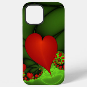 Coque iPhone 12 Pro Max Art fractal abstrait moderne vert citron cœurs rou