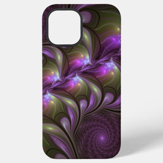 Coque iPhone 12 Pro Max Art fractal abstrait violet pourpre kaki coloré (Verso)