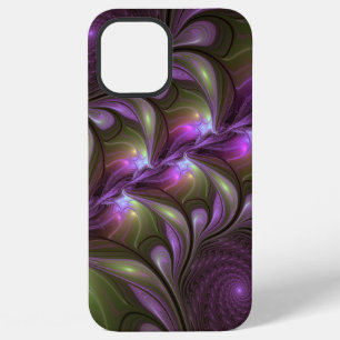 Coque iPhone 12 Pro Max Art fractal abstrait violet pourpre kaki coloré