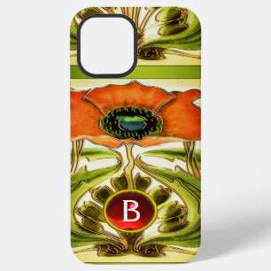 COQUE iPhone 12 PRO MAX ART NOUVEAU  POPPY GEMME ROUGE VERT STYLISÉE MONOG