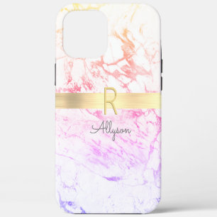 Coque iPhone 12 Pro Max Barre de marbre arc-en-ciel et or, nom gris DIY et