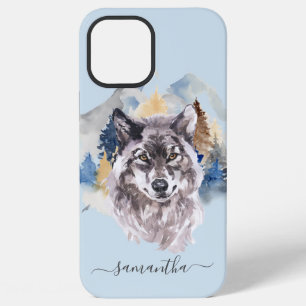 Coque iPhone 12 Pro Max Belle tête de loup aquarelle Monogramme de la forê