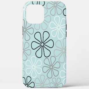 Coque iPhone 12 Pro Max Contours de grande fleur abstraite BWG + Bleu d'oe