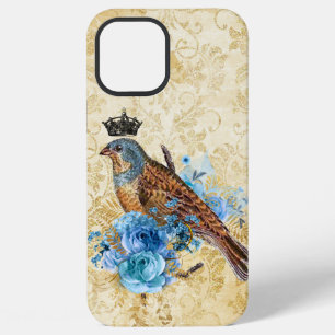 Coque iPhone 12 Pro Max Couronne Vintage Oiseaux Fleurs Bleues