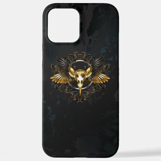 Coque iPhone 12 Pro Max Crâne d'oiseaux dorés sur arrière - plan noir (Verso)
