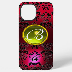 Coque iPhone 12 Pro Max DAMASK GEM MONOGRAM Yellow Topaz, Ruby Rouge