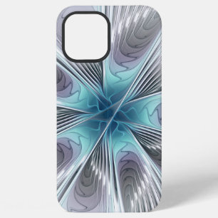 Coque iPhone 12 Pro Max Élégance Moderne Fleur d'Art Fractal Bleu Gris Bla