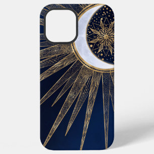 Coque iPhone 12 Pro Max Elégant Blue Gold Sun Moon Mandala
