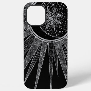 Coque iPhone 12 Pro Max Élégant Dessin Mandala Lune Soleil Argent Noir