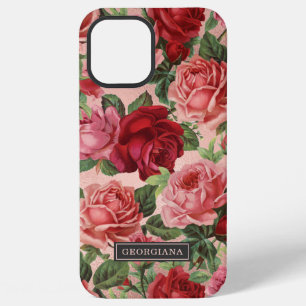 Coque iPhone 12 Pro Max Élégant rose rouge rose rose Vintage Floral Nom pe
