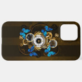 Coque iPhone 12 Pro Max Engrenages à vapeur et papillons bleus (Retour horizontal)