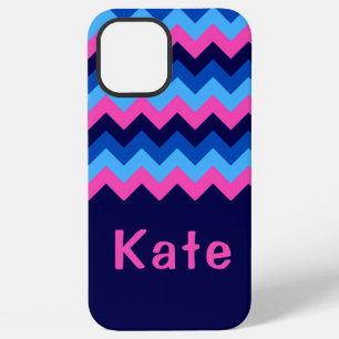 Coque iPhone 12 Pro Max Étui de téléphone à monogramme chevron rose bleu C